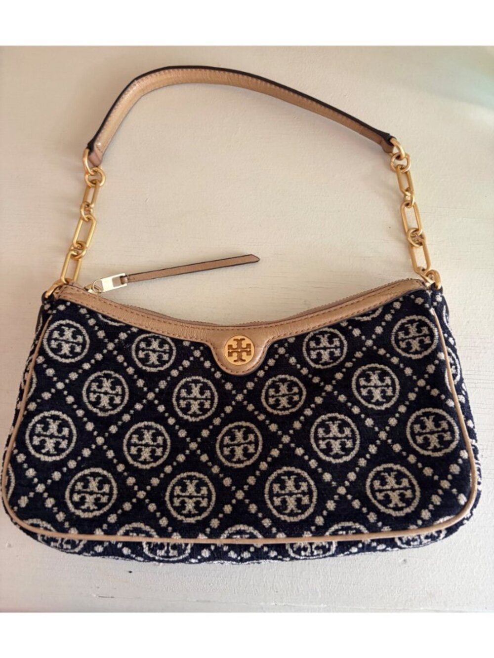 Tory Burch T Monogram Chenille Studio Shoulder Bag Black / Cream